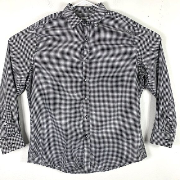 Bar III Size Large Button Up Shirt Houndstooth Black White Slim Fit Stretch Top - Picture 1 of 5